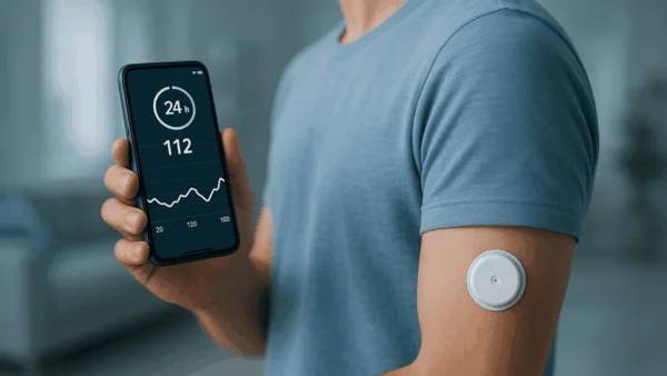 스마트폰 앱으로 실시간 혈당 변화를 확인하는 남성 / Man monitoring real-time glucose fluctuations on a smartphone to prevent blood sugar spikes